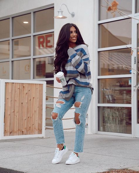 Yvetteg23 on instagram: blues striped knit oversized sweater outfit, distressed high waisted mom jeans girlfriend jeans sneakers outfit coffee winter fall #winter #outfit #casual #casualstyle Oversized Sweater Jeans Outfit, Jeans Sneakers Outfit, Winter Outfit Casual, Jeans And Sneakers Outfit, Sweater And Jeans Outfit, Winter Sneakers Outfit, Coffee Winter, Trendy Mom Outfits, Knit Oversized Sweater