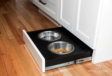 two, one for each dog, one under opposing cabinets. Only one bowl on each pull out. Dog Bowl Drawers, Dog Bowls Under Cabinet, Dog Bowl Pull Out Drawer, Dog Bowl Kitchen Cabinet, Pull Out Dog Bowls, Dog Bowl In Kitchen, Bench With Dog Bowls, Dog Bowl In Cabinet, Kitchen Island Dog Bowl