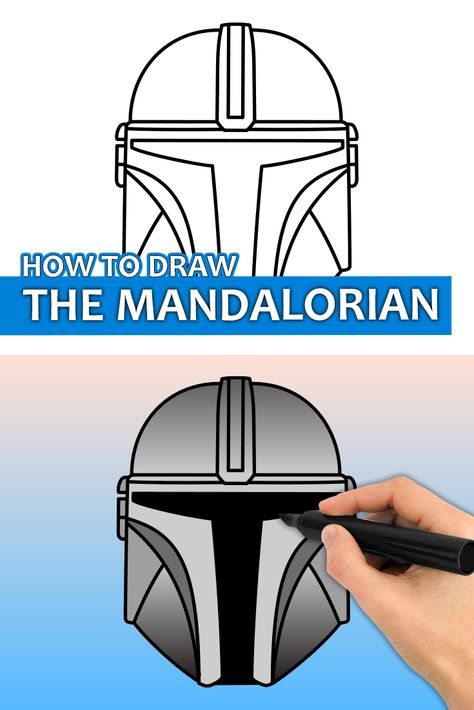 Learn how to draw the Mandalorian from Star Wars with this step by step drawing tutorial video. Enjoy! Mando Helmet Drawing, Mandalorian Cake Ideas Easy, How To Draw Mandalorian, Mandalorian Painting Easy, Mandalorian Drawing Easy, Mandalorian Helmet Drawing, Draw Mandalorian, Disney Stairs, Mandalorian Drawing