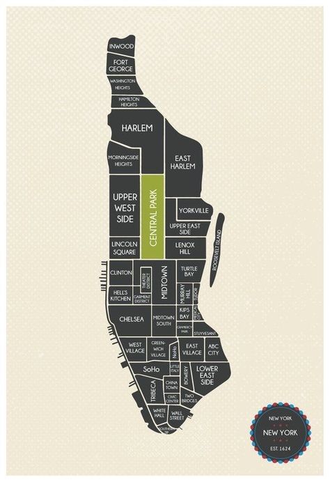 Manhattan Neighborhoods, New York Neighborhoods, Manhattan Map, Nyc Neighborhoods, Nyc Map, New York Map, Nyc Print, Roosevelt Island, New York City Map