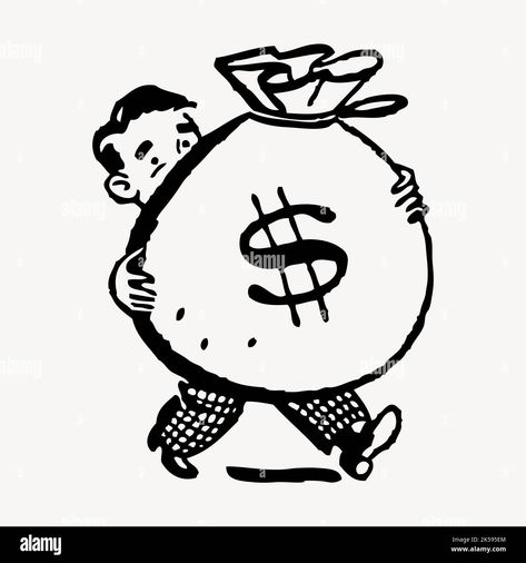 Download this stock vector: Man carrying money bag drawing, vintage finance illustration vector. - 2K595EM from Alamy's library of millions of high resolution stock photos, illustrations and vectors. Finance Drawing, Money Bag Drawing, Bible Study James, Finance Illustration, Money Isn't Everything, Bag Drawing, Money Drawing, Drawing Vintage, Adventure Time Marceline