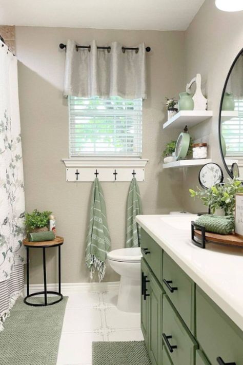 https://pin.it/5Z1ojcCP7 Updated Guest Bathroom, Guest Bathroom Ideas Green, Small Bathroom Window Ideas, Modern Bathroom Paint Colors, Very Small Bathroom Ideas, Bathroom With No Windows, Redo Bathroom, Light Green Bathrooms, Cave Bathroom