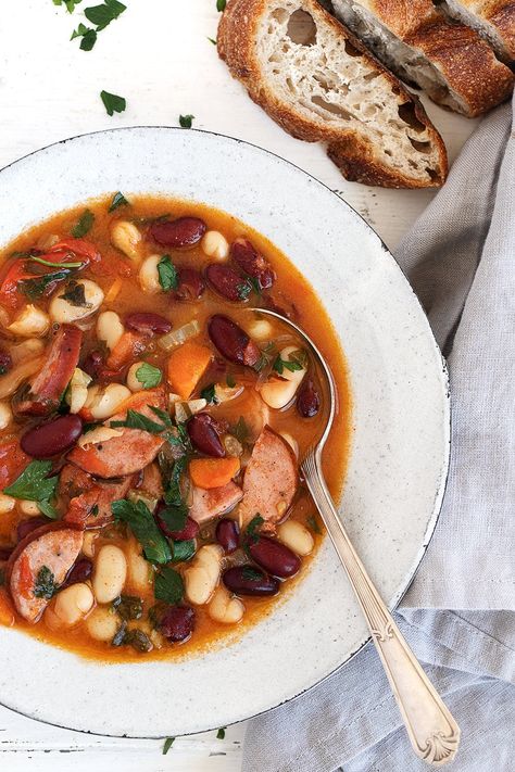 Hungarian Bean Soup with Kielbasa 13 Bean Soup Recipe, Soup With Kielbasa, Tuscan Bean Soup, Beans And Sausage, Kielbasa Recipes, Soups Stews Chilis, Kielbasa Sausage, Bean Soup Recipes, Spinach Soup