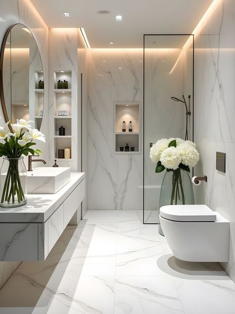 White Master Bathrooms, Bathroom Ideas Modern Luxury, Onyx Bathroom, Recessed Shelves, New Bathroom Designs, Modern Luxury Bathroom, Full Bathroom Remodel, Master Bathrooms, Laundry Design