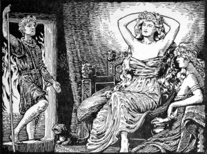 Skirnir’s message to Gerd, by W.G. Collingwood. Wikimedia. Simeon Solomon, Parapsychology, Norse Myth, Gustave Dore, Old Norse, Fairytale Illustration, Ancient Origins, Pre Raphaelite, The Embrace