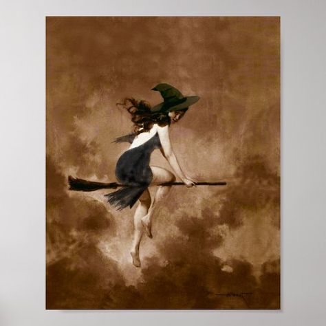 $10.40 | Witch on Broomstick poster | Halloween Poster | halloween, witch, broomstick, poster Autumnal Art, Vintage Witches, Witch On Broomstick, Witchy Aesthetics, Witch Broomstick, Witch Painting, Witchy Art, Poster Halloween, Fantasy Witch