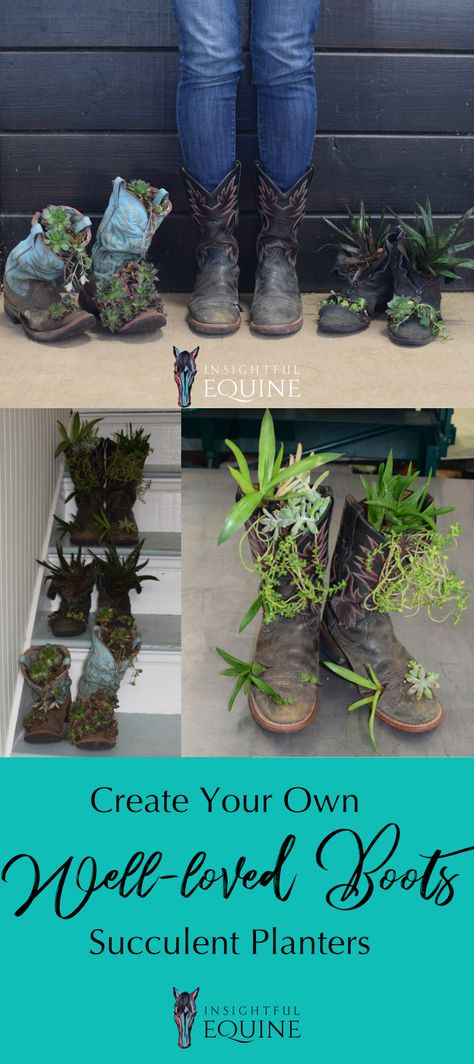 Diy Horse Decor, Diy Boots, Cowboy Boot Crafts, Family Heirloom Display, Horse Projects, Old Cowboy Boots, Boots Diy, Diy Horse, Succulent Planters