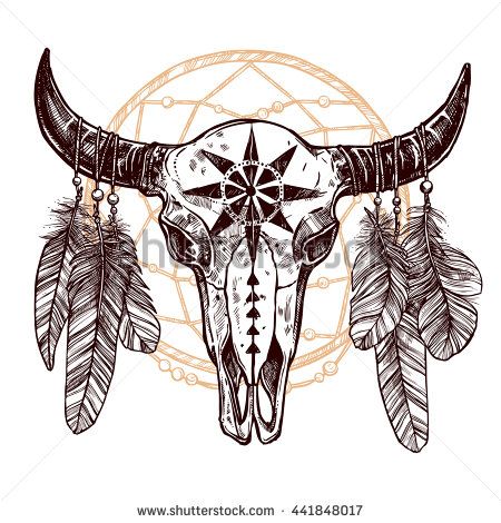 Boho Buffalo Skull With Feathers And Dreamcatcher. Hand Drawn Sketch. Native American Totem Cosmic Tattoos, Water Tattoos, Desert Skull, Feather Sketch, Bull Skull Tattoos, Native American Drawing, Native American Totem, Bison Skull, Native American Tattoo