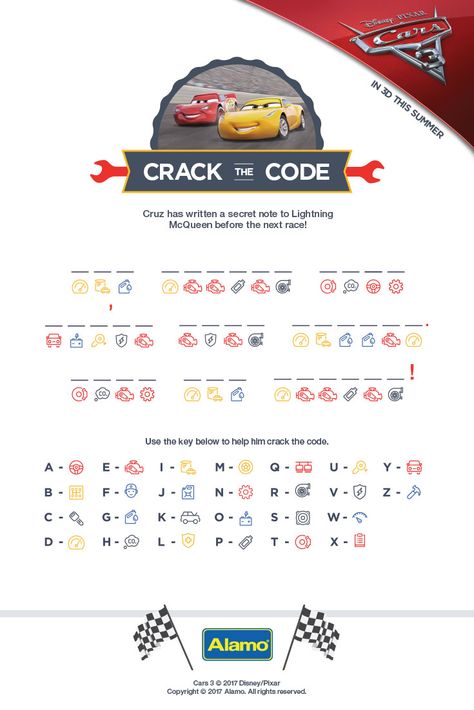 Help Lightning McQueen decode Cruz Ramirez's message with this exclusive Cars 3 activity page. Hot Wheels Activity Sheet, Car Game Printables, Car Bingo Free Printable, Entryway Mudroom Ideas, I Spy Road Trip Printable, Travel Games For Kids Airplane Free Printable, Disney Activities, Cheap Car, Mudroom Ideas