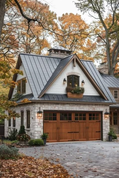 Add On Garage To House Ideas, Rustic Cottage Exterior, Urban Farmhouse Exterior, Brick Farmhouse Exterior, Stone Garage, Garage Flooring Options, Barn Style Garage, Detached Garage Designs, Garage Plans With Loft