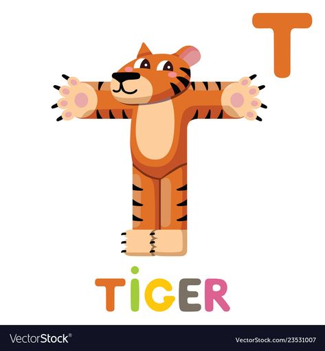 T Is For Tiger, Cute Animal Vector, Alphabet Crafts Preschool, Alphabet Drawing, Alphabet Kindergarten, Tiger Crafts, Alphabet Crafts, Kids English, Phonics Kindergarten