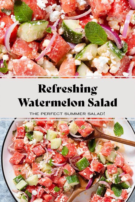 Summer is here and it's time to bring out the refreshing salads that are perfect for those hot days. And what better way to do that than with a delicious watermelon feta salad! This salad is packed with juicy chunks of sweet watermelon, salty feta cheese, and fresh mint leaves. It's the perfect combination of flavors and textures! Whether you're looking for a light lunch or a side dish for your BBQ party, this salad is sure to be a hit! via @healthfulideas Coleslaw Recipes, Refreshing Salads, Healthy Dinner Salads, Salad Recipes Healthy Easy, Watermelon Feta Salad, Yummy Salads, Watermelon And Feta, Sweet Watermelon, Easy Salad