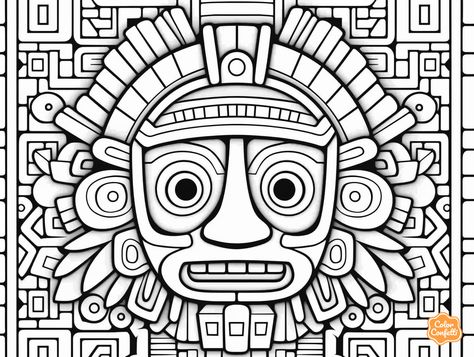 illustration of Intricate Mayan patterns to color Mayan Coloring Pages, Maya Symbols, Maya Mask, Patterns To Color, Mayan History, Mandala Turtle, Mayan Symbols, Coloring Page For Adults, 5th Grade Reading