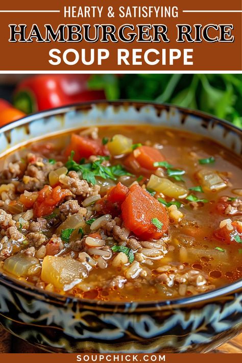 Hamburger Rice Soup Recipe Hamburger Rice Soup Recipe, Hamburger Soup With Rice, Beef And Rice Soup Recipes, Hamburger And Rice Soup, Soups Using Hamburger, Soup With Ground Beef And Rice, Soups With Meat, Spanish Rice Soup Recipe, Soups With Hamburger Meat