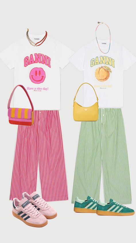 Ganni; stripes; Adidas Spezial; green; pink; beads Lavender Pants Outfit, Dopamine Dressing Outfit, Twinning Outfits, Lavender Pants, Casual Mom Style, Colourful Style, Dopamine Dressing, Outfits For Summer, Australia Fashion