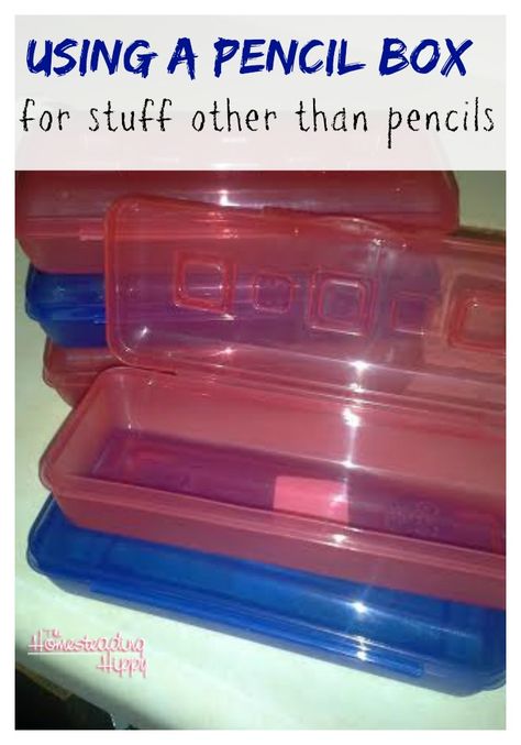 Using a pencil box for other than pencils; there are a great many things you can use these little boxes for!  What else can you come up with? The Homesteading Hippy #greenliving #prepared Pencil Box Organization, Organizing My Pencil Case, Cored Pencil Storage, Pencil Bag With Pen Holders For Storage, Student Pencil Box Organization, Plastic Pencil Box, Homesteading Diy, Pencil Boxes, Emergency Preparedness