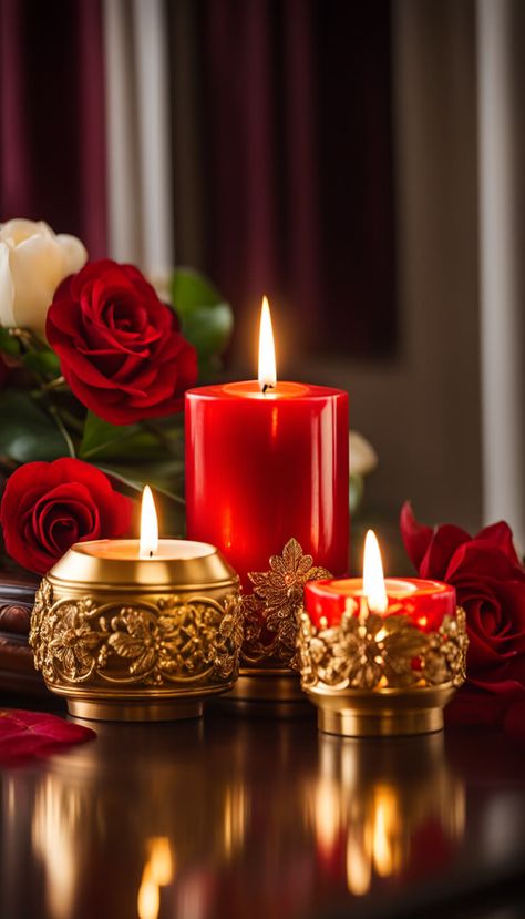 Candles and roses - AI creation Candle Pics, Candle Light Photography, Candle Cove, Candle Images, Happy Birthday Wishes Cake, Birthday Wishes Cake, Diwali Wishes, Exotic Fish, Jar Lights