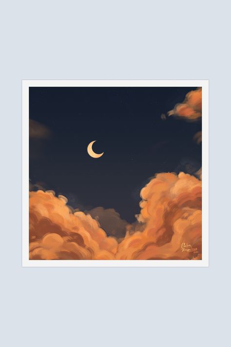 Aesthetic and dreamy decorative stickers. A soft artwork of peach crescent and orangy clouds on a dark indigo sky. Painted and sold by Elvira Dreaminess on Redbubble 🌙 Decorate and personalize your laptops, phone cases, sketchbooks, journals, and more! Stickers come in different sizes and finish (transparent, glossy, and matte). Sky Stickers, 2024 Stickers, Orange Sheets, Dark Blue Sky, Puffy Clouds, Journaling Stickers, Favorite Wallpaper, Orange Moon, Cloud Stickers