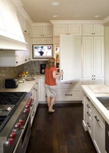 TV in kitchen without open floor plan is a must for me...but I don't want to see it all the time. Hidden Fridge, Tv In Kitchen, Tv Design, Home Tech, Kitchen Redo, Ideas Pictures, Traditional Kitchen, In Kitchen, White Cabinets