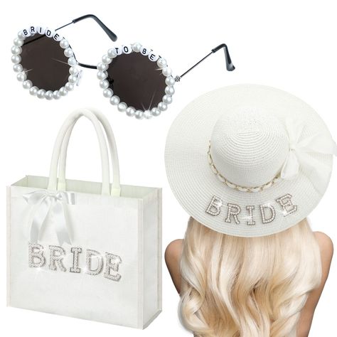 PRICES MAY VARY. Bride Gifts Set: the package contains 3 pieces of bachelorette party gifts, including 1 piece of bride sun hat, 1 pair of bride to be glasses and 1 piece of bride tote bag, nice as presents for your newly married friends Bride Hat with Wide Brim: the bride sun hat is made of natural straw, measuring about 15.75 inches/ 40 cm in diameter and 3.94 inches/ 10 cm high, with wide brim design and exquisite word [bride], attractive and stylish, suitable for you to wear in summer, prote Bachelorette Gifts For Bride, Bachelorette Bride Gifts, Bride Hats, Bachelorette Accessories, Wedding Accessories For Bride, Bride Tote Bag, Bride Tote, Burlap Tote Bags, Bride Bag