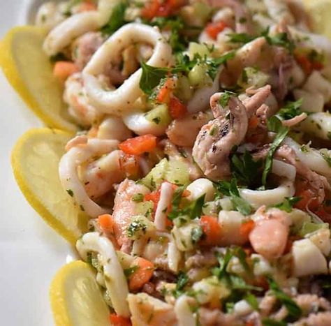 Fish Salad Recipe Italian, Italian Fish Salad, Calamari Salad Italian, Octopus Salad Italian, Seafood Antipasto, Italian Seafood Salad Recipe, Capri Party, Fish Salads, Seafood Salad Recipe