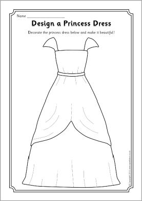 Design a princess dress worksheet (SB10670) - SparkleBox                                                                                                                                                                                 More Preschool Princess Activities, Knights And Princesses Preschool Theme, Pirates And Princesses, Frozen Design, Princess Party Games, Fairy Tales Preschool, Princess Activities, Dress Templates, Design A Dress