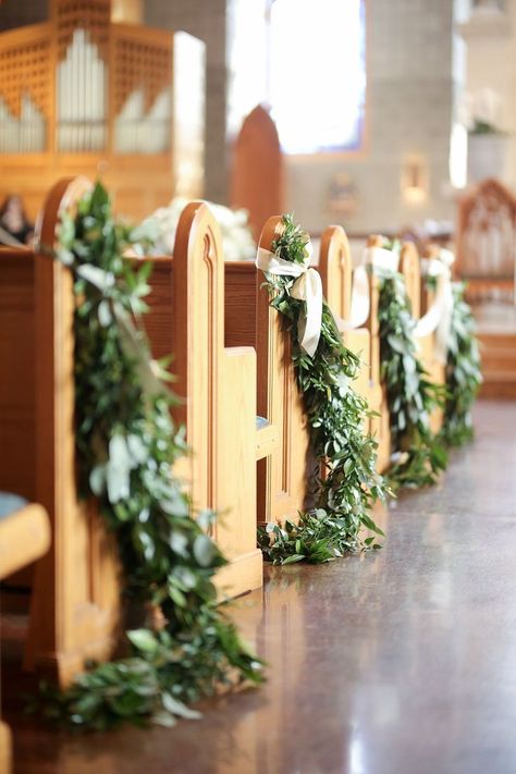 Pew Greenery Wedding, Wedding Drapery, Church Aisle, Pew Ends, Ceremony Aisle, First Communion Party, Aisle Flowers, Church Pew, Communion Party