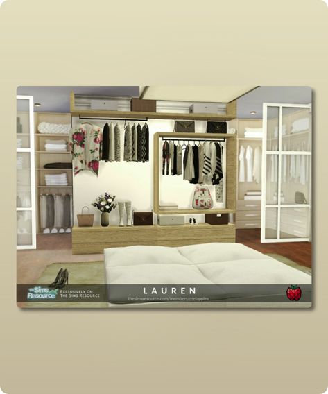 Sims 4 Furniture CC: Lauren Closet By Melapples Sims 4 Walk In Closet, Sims 4 Closet Cc, Sims Closet, Sims 4 Furniture, A Walk In Closet, Sims Furniture, Furniture Cc, Hall House, Sims 4 Cc Download