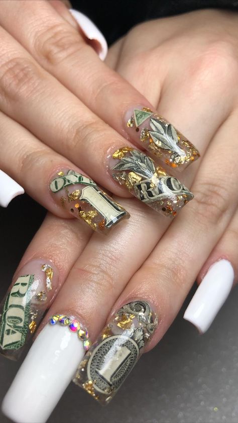 Dollar Nails Designs, Money Nails Designs Ideas, Dollar Nails, Nails Miami, Wedding Nail Polish, Nails Powder, Money Nails, Acrylic Nails At Home, Diy Acrylic Nails