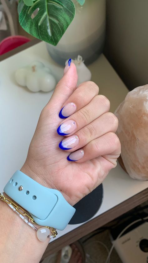 Blue Nails With Gems, Confirmation Nails, French Tip Nails With Gems, Black And Blue Nails, French Bleu, Blue French Tip, Royal Blue Nails, Navy Nails, French Tip Design