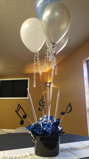 Music Decorations Party, Marching Band Centerpieces, Drum Centerpiece Ideas, Drummer Graduation Party, Dueling Pianos Party, Music Theme Party Centerpiece, Piano Party Decorations, Music Themed Graduation Party, Drummer Party Centerpieces