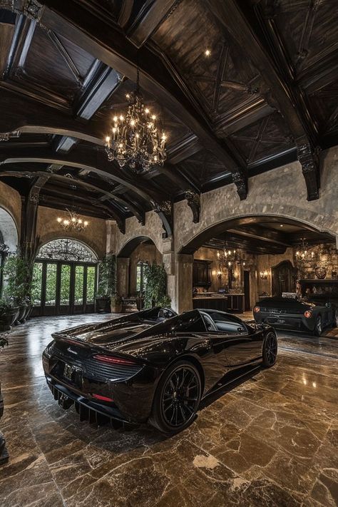 Mansion Car Garage, Big Guest House, Black Mansion Interior, Billionaire Houses Mansions, Dream Garage Luxury, Super Car Garage, Luxury Cars Garage, Mansion Garage, Luxurious Basement