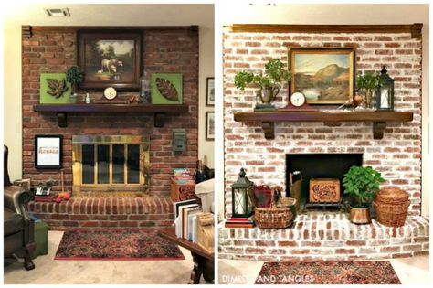 Brick Fireplace Makeover Before and After Mortar Wash || Dimples and Tangles Mortar Fireplace, Mortar Wash Brick Fireplace, Mortar Wash Brick, Wash Brick Fireplace, Mortar Wash, White Wash Brick Fireplace, Fireplace Brick, Brick Fireplaces, Dimples And Tangles