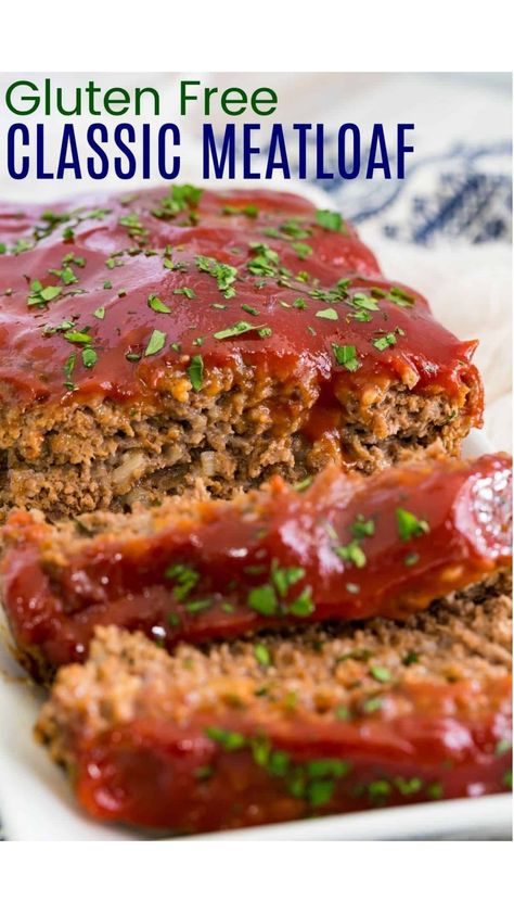 This Gluten Free Meatloaf recipe is classic comfort food! Tender and juicy, made with savory ground beef and a tangy brown sugar glaze. Best Gluten Free Meatloaf, Gluten Free Meatloaf Recipes Easy, Low Fodmap Meatloaf Recipes, Gf Meatloaf Recipes, Healthy Beef Meatloaf, Easy Gluten Free Meatloaf, Gluten Free Dairy Free Meatloaf, Gluten Free Meatloaf With Oatmeal, Gluten Free Ground Pork Recipes