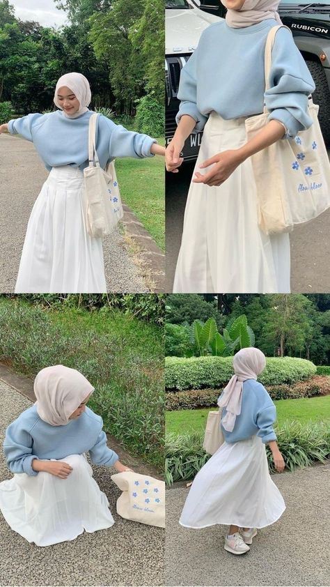 Korean Dress Hijab, Blue Outfit Hijab, Dress Korean Style Hijab, Ootd Korean Style Hijab, Outfit Hijab Casual Rok, Mix And Match Outfits Hijab, Korean Style Hijab, Stylish Outfits Casual, Rok Outfit