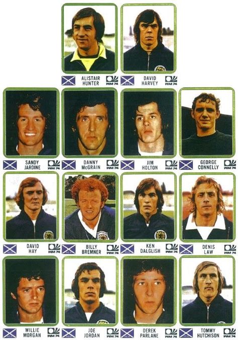 Scotland team stickers for the 1974 World Cup Finals. Denis Law, 1974 World Cup, Sandy And Danny, Germany World Cup, Scotland Football, Bobby Moore, Panini Stickers, British Football, English Football League