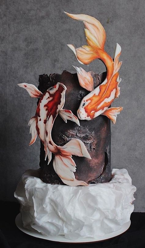 Koi Cake, Island Cake, Asian Cake, Wafer Paper Flowers, Hand Painted Cakes, Beautiful Cake Designs, Crazy Cakes, Painted Cakes, Fish Cake