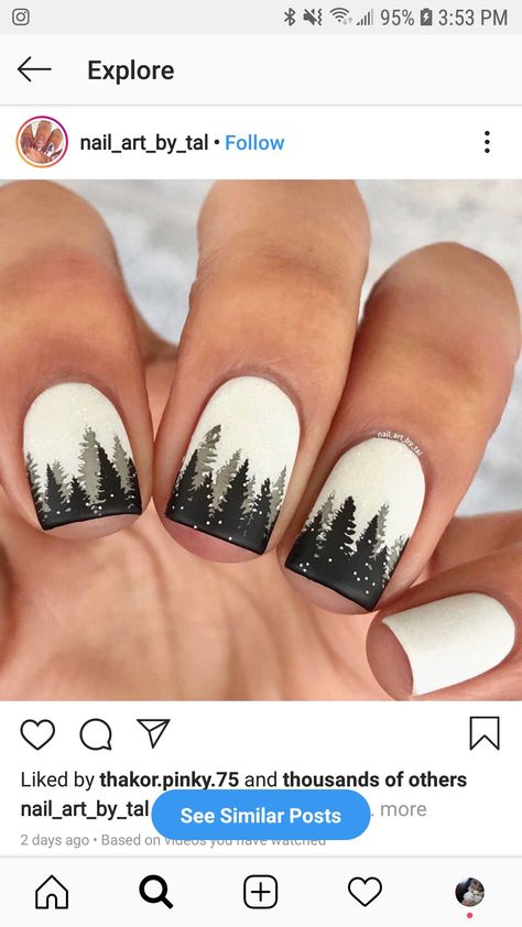 Mountain Inspired Nails, Mountain Nail Ideas, Nails With Mountain Design, Snow Mountain Nails, Ski Trip Nails, Tree Nails Designs, Nail Art Designs Mountains, Outdoor Nail Designs, Moose Nails