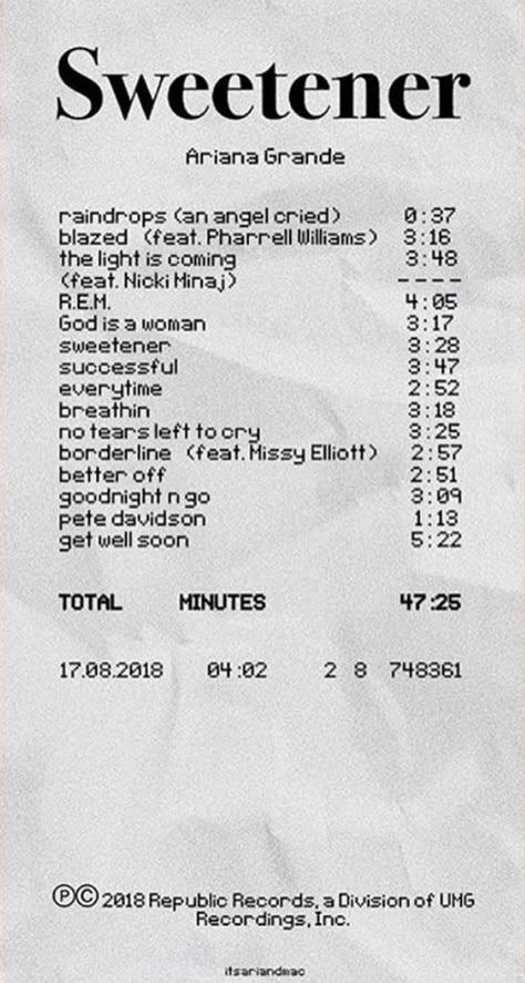 Ariana Grande Receipt, Ariana Grande Album Receipt, Album Receipts Aesthetic, Music Receipts, Album Receipts, Album Receipt, Ariana Grande Album, Filmy Vintage, The Light Is Coming