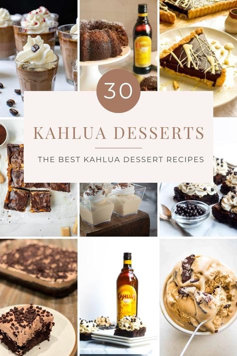 These Kahlua dessert recipes all incorporate the popular coffee liqueur. This list of the 30 best desserts made with Kahlua includes a variety of boozy desserts and baked goods with a delicious coffee and cream flavor and often combined with chocolate. Here you will find cake, pies, cheesecake, trifles, cookies, pudding, fudge, brownies, and more. #RecipeMash #Kahlua #desserts Coffee Liquor Dessert Recipes, Recipes With Kalua, Desserts With Kahlua, Kahlua Brownies Recipe, Kahlua Fudge Recipe, Recipes Using Kahlua, Kahlua Cheesecake Recipe, Kahlua Recipes Desserts, Kaluah Recipes Desserts