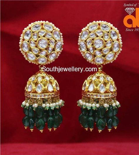 22 carat gold jhumkis adorned with polki diamonds and emerald beads by Anopchand Tilokchand Jewellers. #GoldJewelleryOutfit Kundan Jewellery Bridal, Gold Jhumka Earrings, Indian Jewelry Earrings, Perhiasan India, Buy Gold Jewelry, Gold Jewelry Outfits, Online Gold Jewellery, Real Gold Jewelry, Gold Jewelry Stores