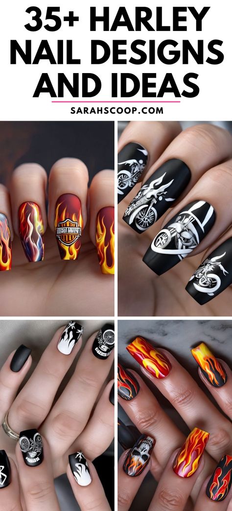 Discover 35+ Harley nail designs and ideas you'll absolutely fall in love with! 🔥🏍️ Harley Nails Designs Art Ideas, Sturgis Nail Design, Harley Nails Designs, Motorcycle Nails Designs, Harley Davidson Nails Design, American Flag Nails Designs, Acdc Nails, Sturgis Nails, Moto Nails