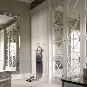 X Mullion Closets, Transitional, closet, The English Wardrobe Replacement Wardrobe Doors, Grey Grasscloth Wallpaper, Mirrored Wardrobe Doors, Mirrored Doors, Mirror Closet Doors, Interior Design Minimalist, Home Theaters, Bedroom Armoire, Dream Closets