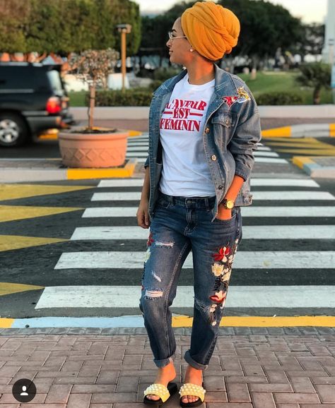 Street Style All Day #fashion #fashionable #jeanjacket #streetstyle #denim #rippedjeans #slay #orange #watchmewhileislay #headwraps #pattern #jeans #style Headwrap Outfit Casual Street Styles, Headscarfs Fashion, Headwrap Outfit, Dubai Shopping Festival, Pattern Jeans, Muslimah Style, Head Wrap Styles, Mode Turban, Dubai Shopping