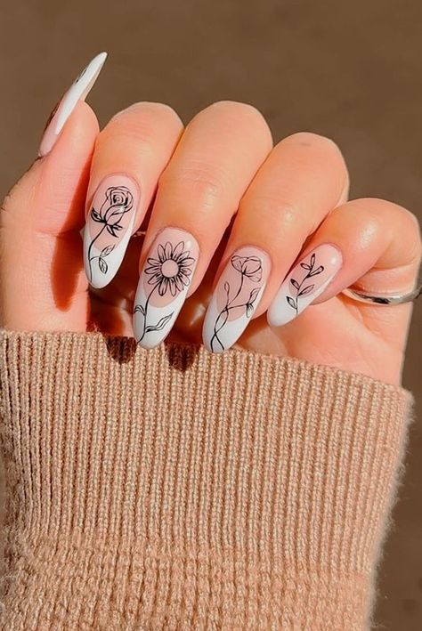 January Nail Inspo Almond, Aries Nail Art, Fine Line Nail Art, Fine Line Nails, Aries Nail Designs, Horoscope Nails, Botanical Nail Art, Aries Nails, April Aries