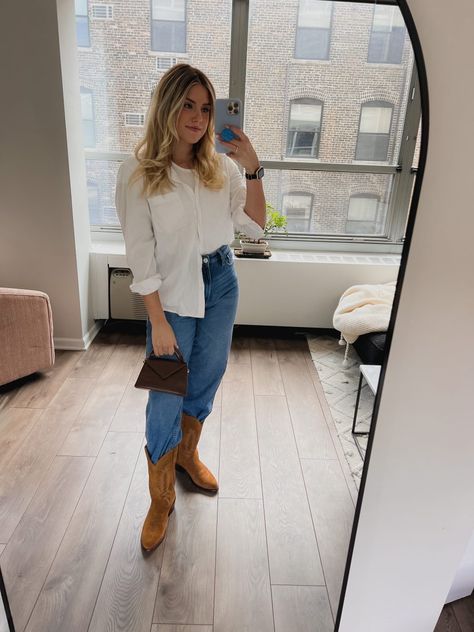 How Our Fashion Editor Is Styling Cowboy Boots for Fall - The Everygirl Cowboy Boots Straight Jeans, Cowboy Boot Outfits With Jeans, Styling Cowboy Boots, Cowboy Boots And Jeans, Booties Outfit Fall, Oversized Poplin Shirt, Work Fits, Booties Outfit, Boots For Fall