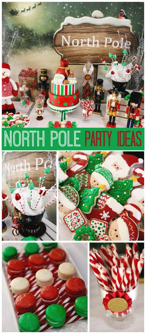 A green and red North Pole Christmas party with a Santa’s Workshop theme and amazing treats! See more party planning ideas at CatchMyParty.com! North Pole Christmas Party, North Pole Party, North Pole Christmas, Christmas Party Themes, Kids Christmas Party, Christmas Birthday Party, 12 December, The North Pole, Candy Cookies