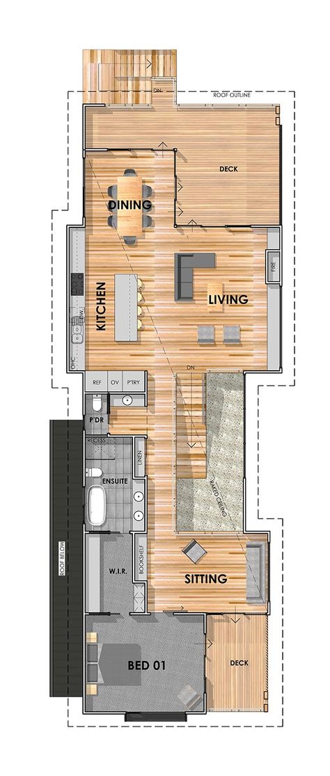 Anglesea Narrow Block Home - A Pivot Homes Project Long House Floor Plans, Long Narrow House Plans, Single Level House Plans, Narrow House Designs, Narrow House Plans, Timber Staircase, Airbnb House, Long House, Narrow House