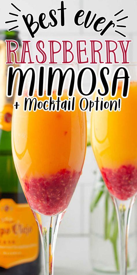 Different Types Of Mimosas, Mothers Day Mimosas, Raspberry Mimosa Recipe, Mimosa Recipe Orange, Mimosa Recipe Easy, Raspberry Mimosa, Best Mimosa Recipe, Mimosa Recipes, Mimosa Ingredients