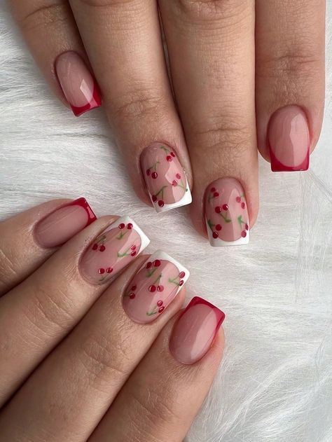 Short Red Nails With Design, Nail Designs With Cherries, Cherry Square Nails, Cherry Summer Nails, Cherry Inspired Nails, Square Cherry Nails, Cherry Nails Square, Cherry Design Nails, Summer Nails Cherry